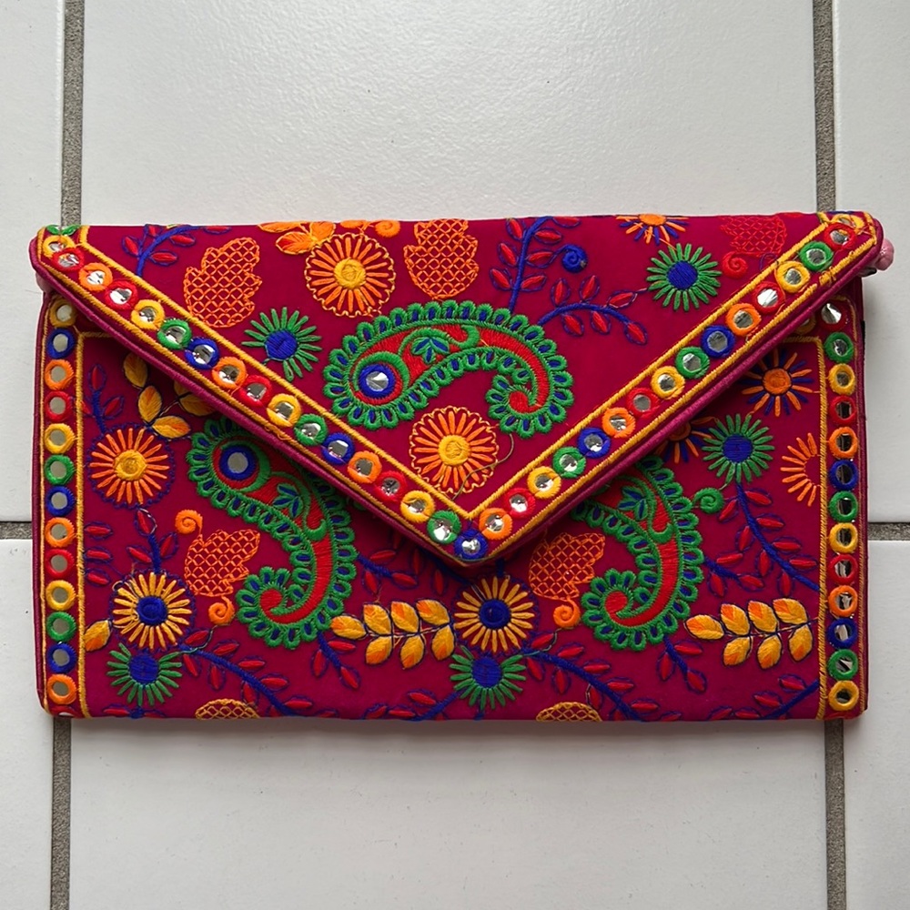 Hand Embroidered Pink Velvet Purse